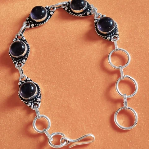 Symoru Brass Oxidized Bracelet with Transparent Purple Stones