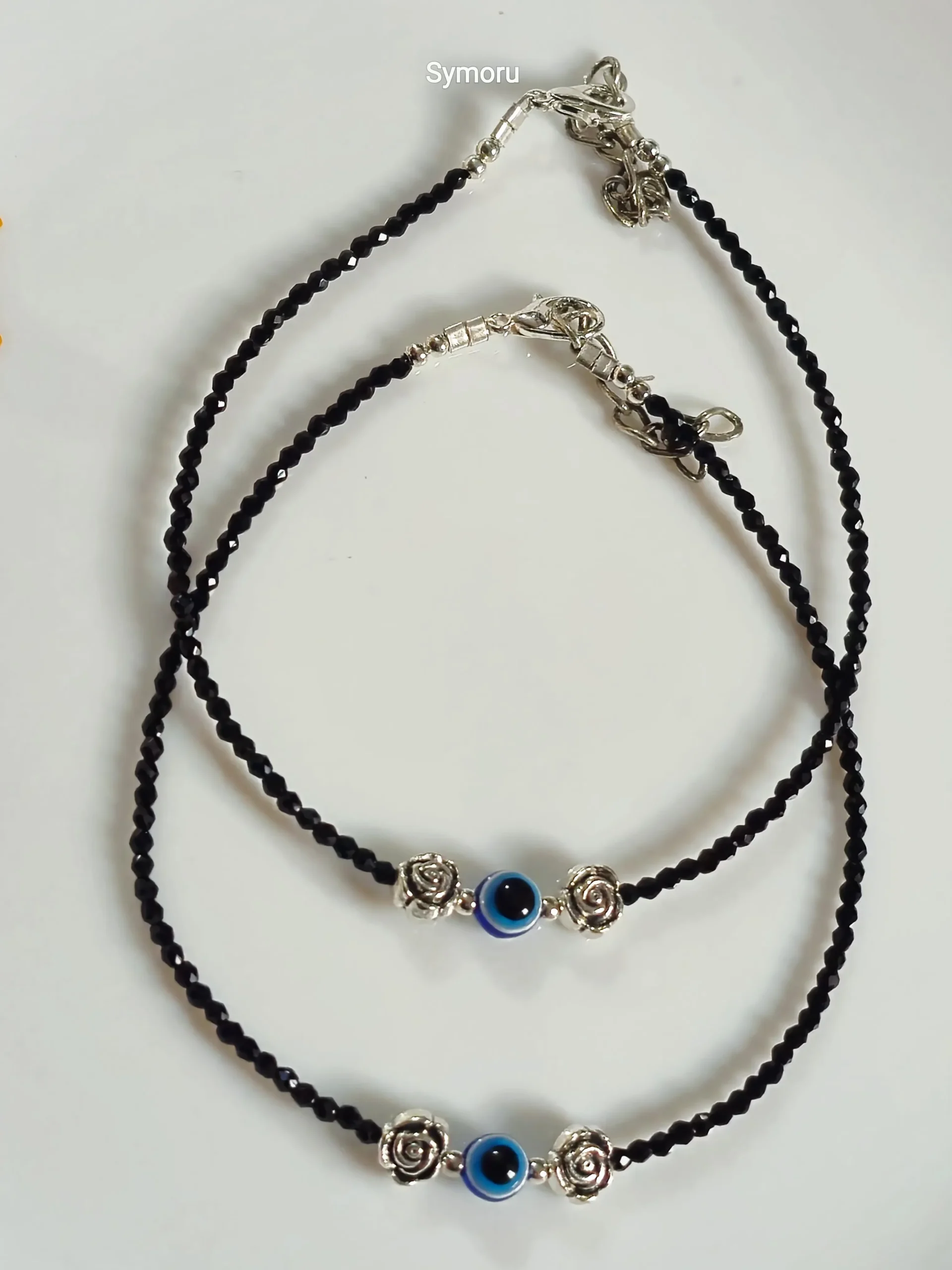 Oxidized Brass Black Beaded Evil Eye Rose Anklet