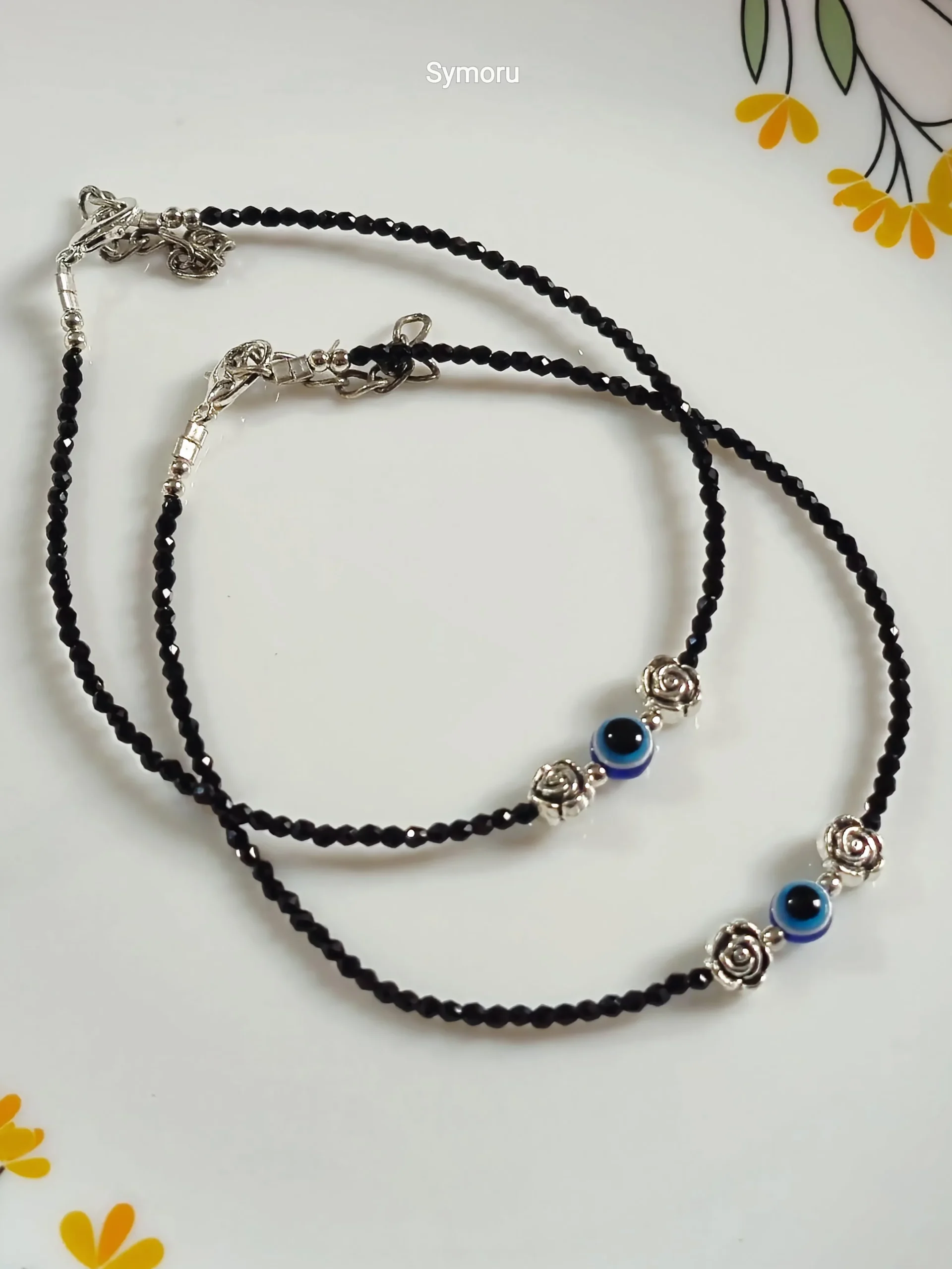Oxidized Brass Black Beaded Evil Eye Rose Anklet | Anklet for Women | Adjustable Brass Anklet by Symoru