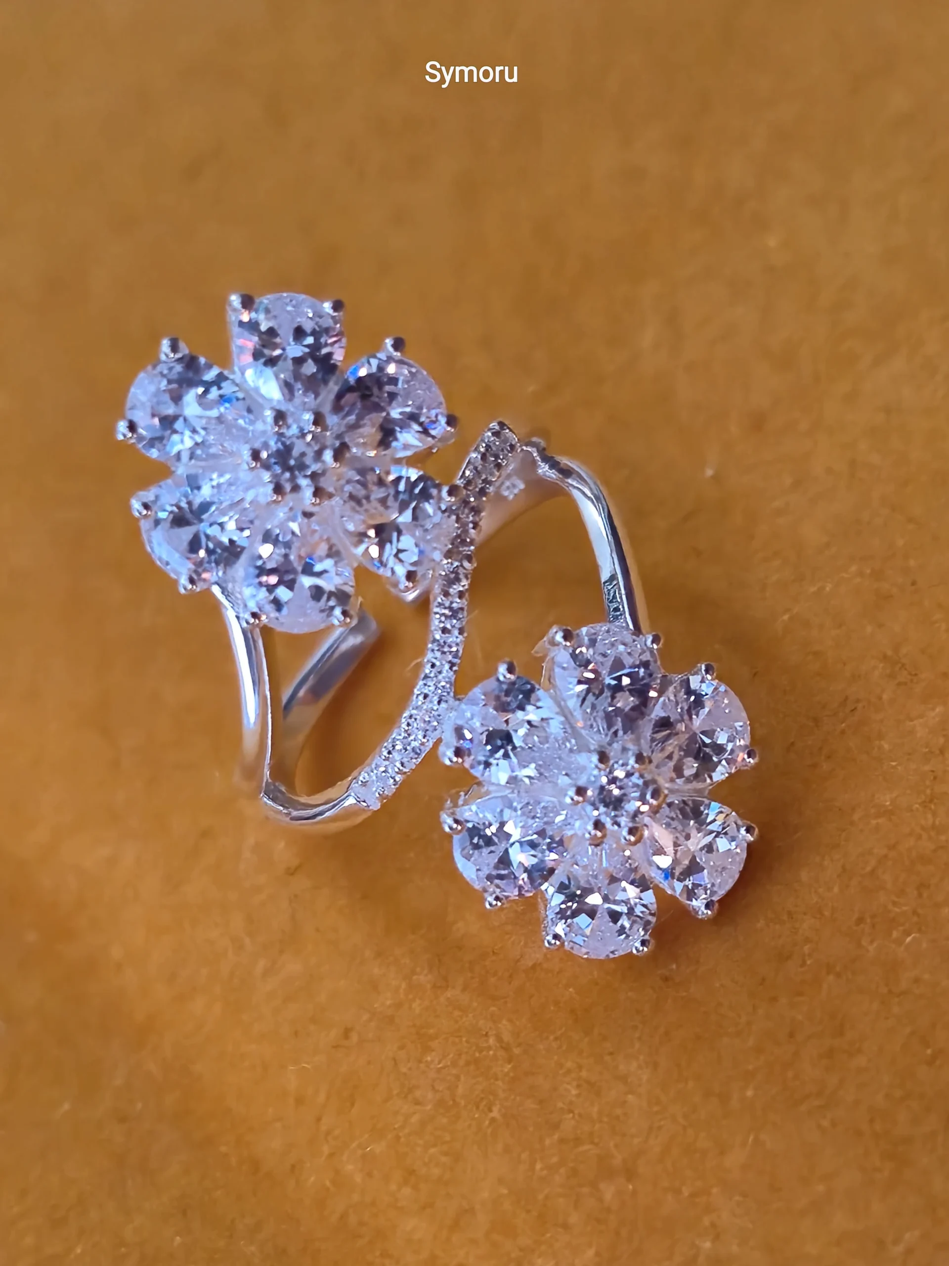 925 Sterling Silver Floral CZ Open Ring | Double Flower Cubic Zirconia Silver Ring for Women | Elegant Statement Ring | Symoru - Image 3