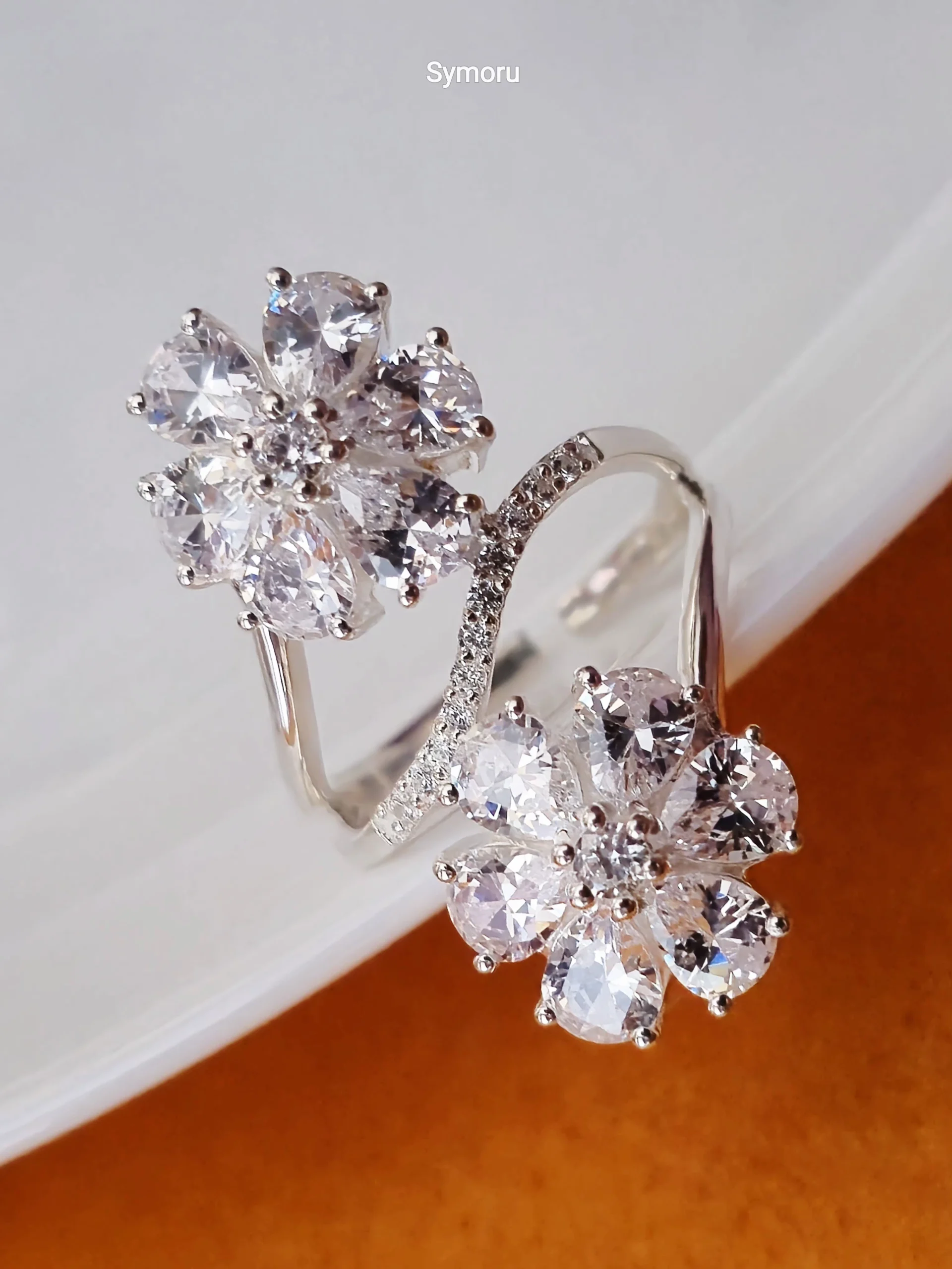 925 Sterling Silver Floral CZ Open Ring | Double Flower Cubic Zirconia Silver Ring for Women | Elegant Statement Ring | Symoru - Image 5