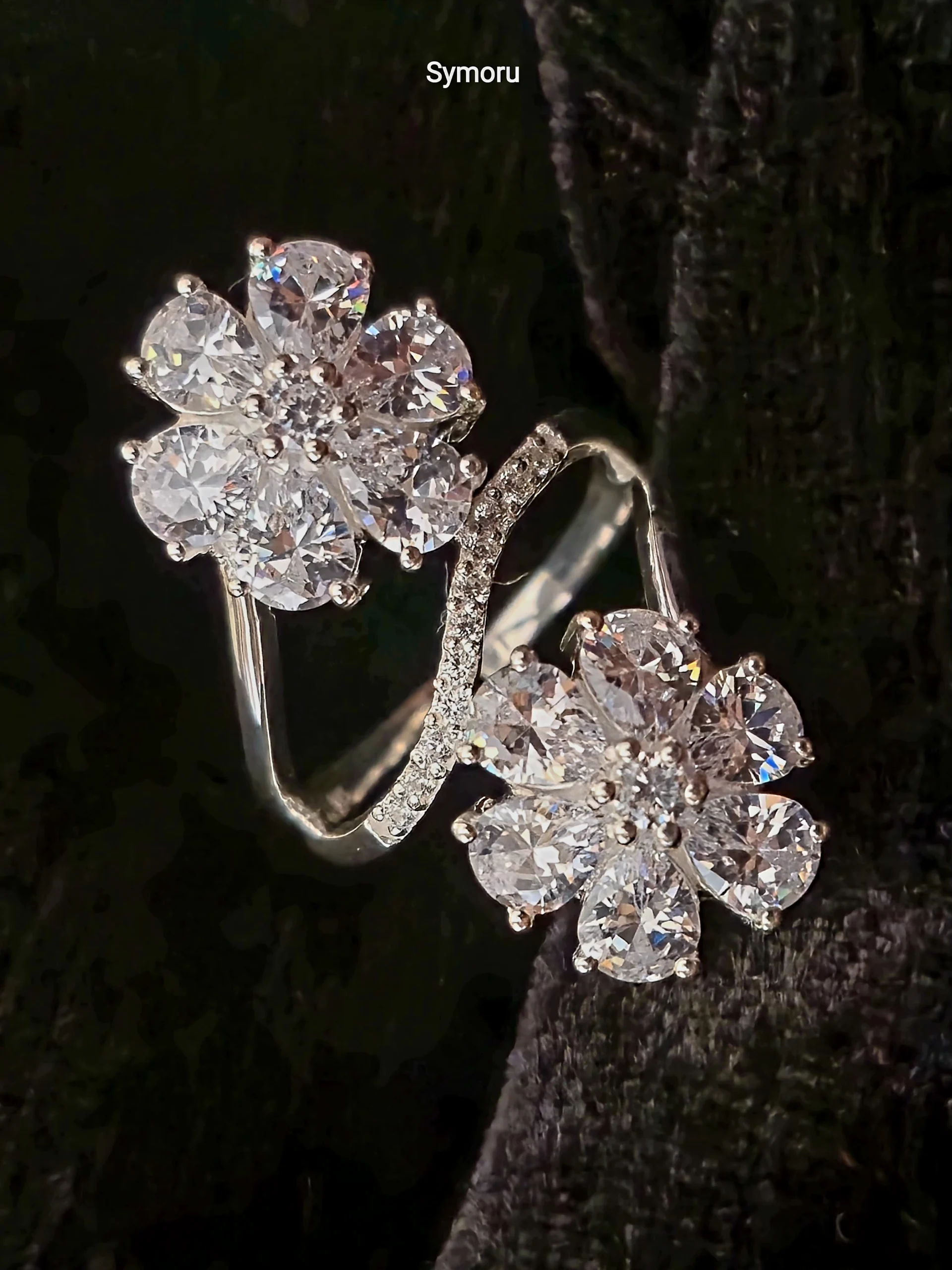 925 Sterling Silver Floral CZ Open Ring | Double Flower Cubic Zirconia Silver Ring for Women | Elegant Statement Ring | Symoru