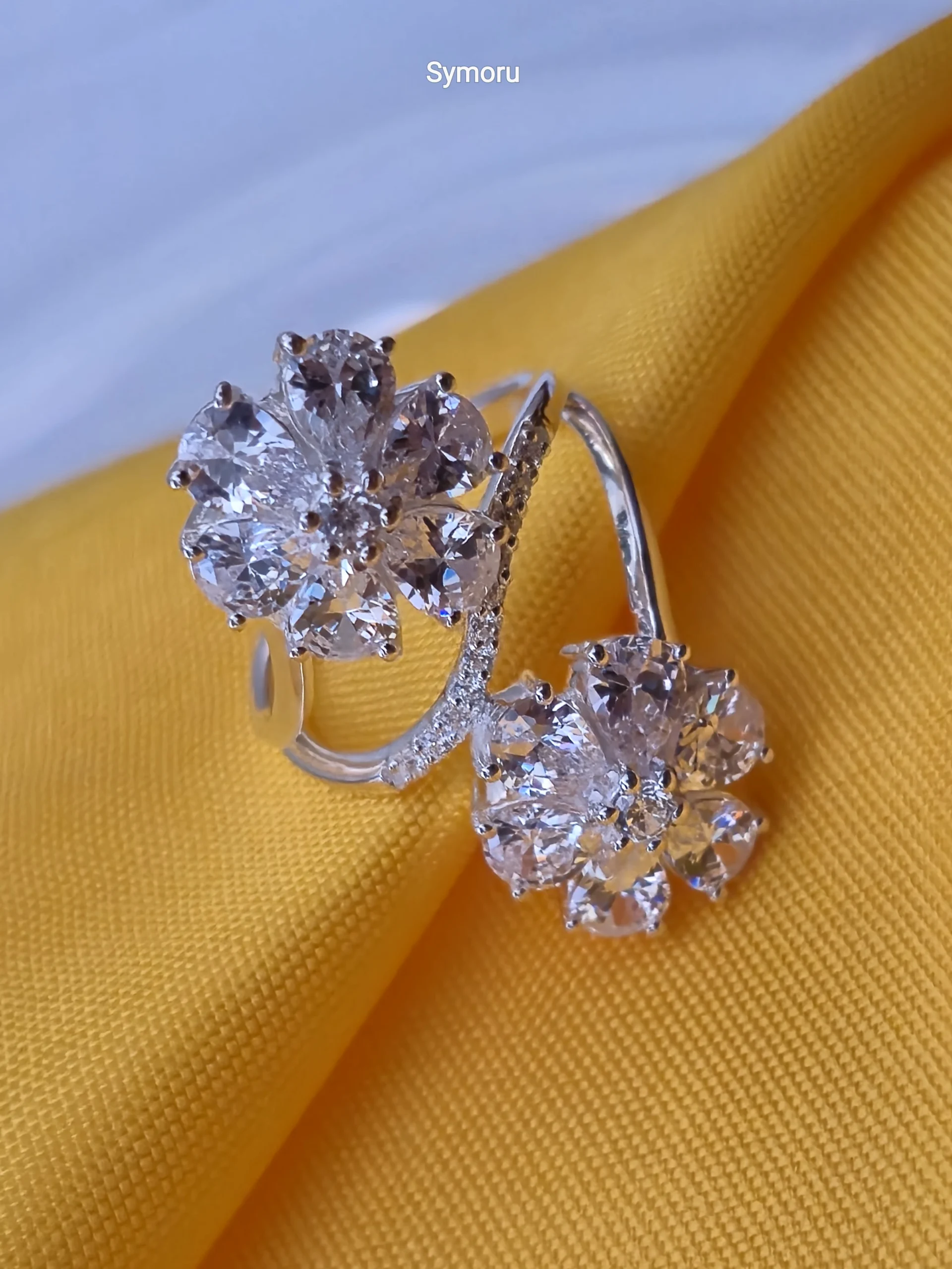 925 Sterling Silver Floral CZ Open Ring | Double Flower Cubic Zirconia Silver Ring for Women | Elegant Statement Ring | Symoru - Image 7