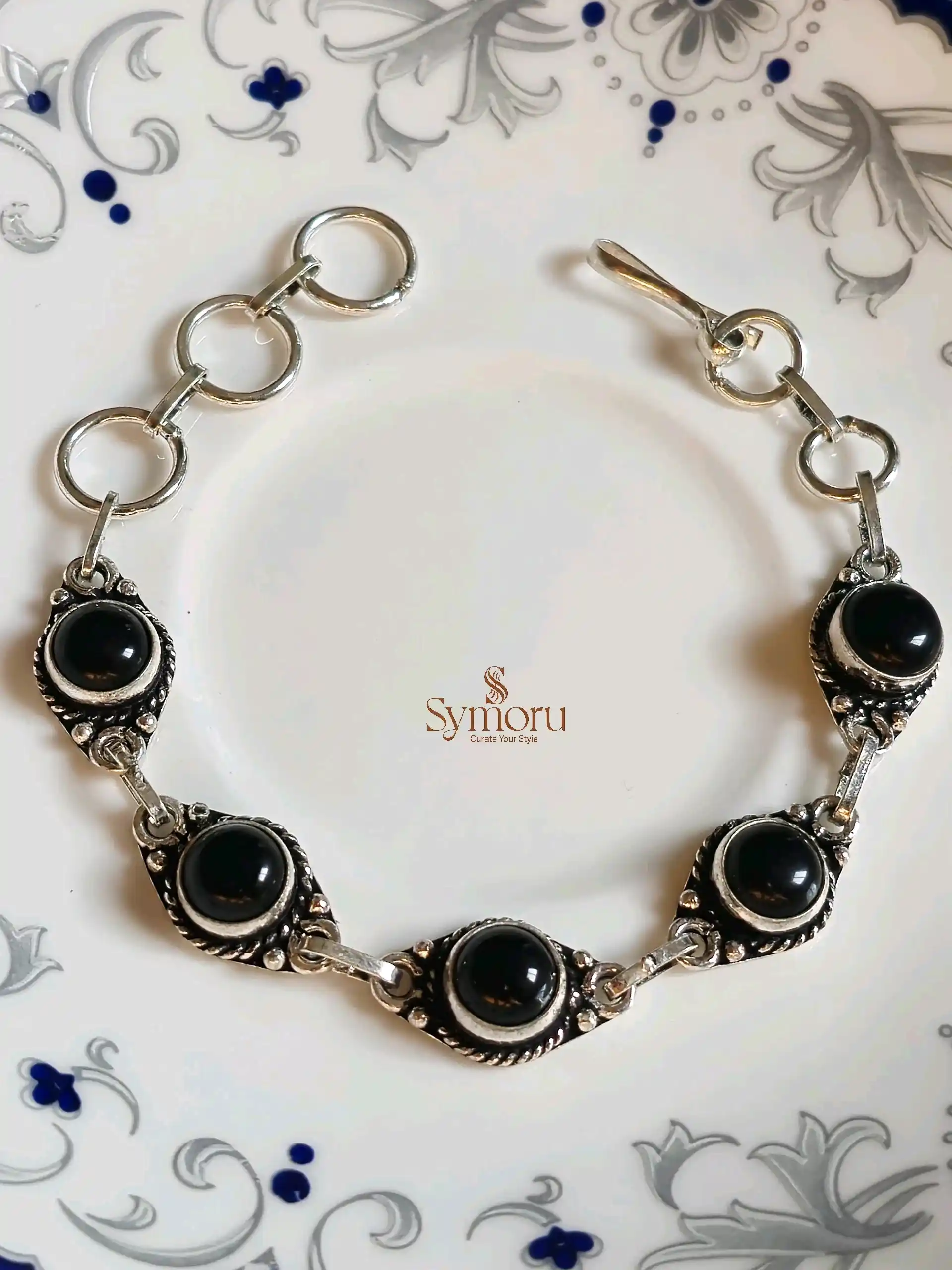 Symoru Brass Oxidized Black Stone Bracelet | Vintage Style Adjustable Handmade Bracelet | Boho Ethnic Jewelry for Women