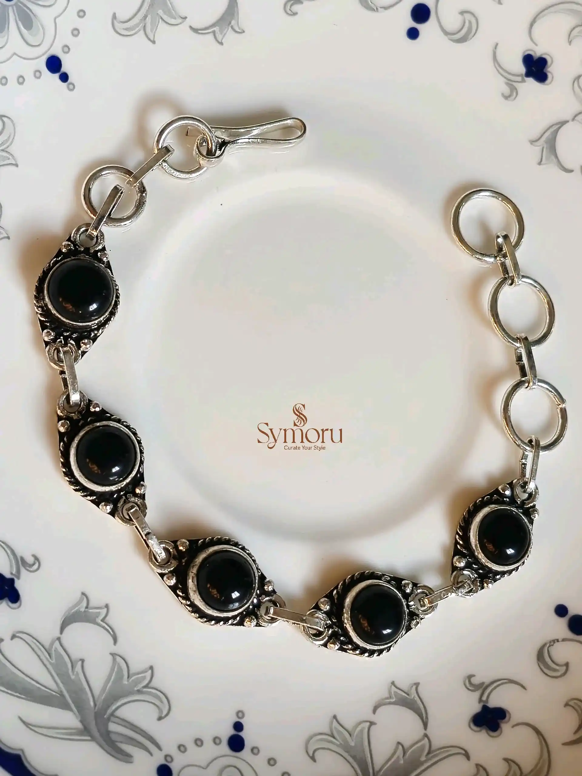 Symoru Brass Oxidized Black Stone Bracelet | Vintage Style Adjustable Handmade Bracelet | Boho Ethnic Jewelry for Women - Image 4