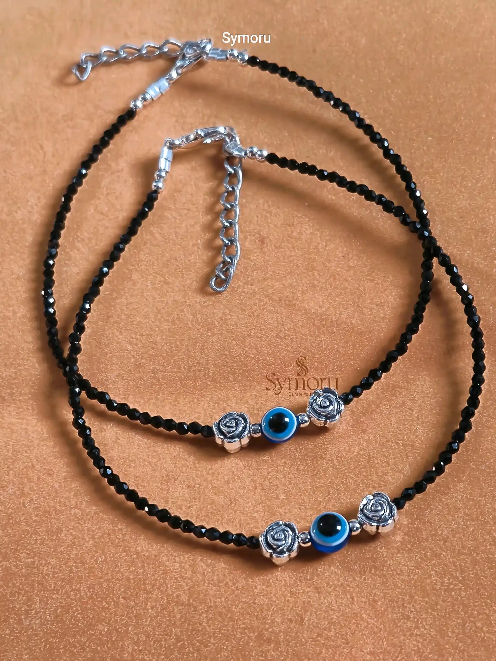 Oxidized Brass Black Beaded Evil Eye Rose Anklet | Anklet for Women | Adjustable Brass Anklet by Symoru - Image 4