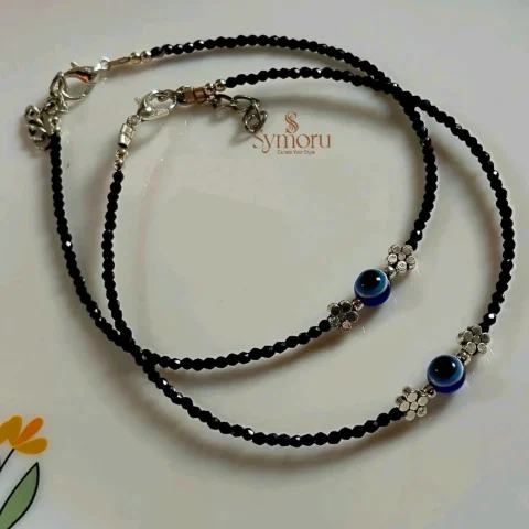 Oxidized Brass Black Beaded Evil Eye Vintage Flower Anklet