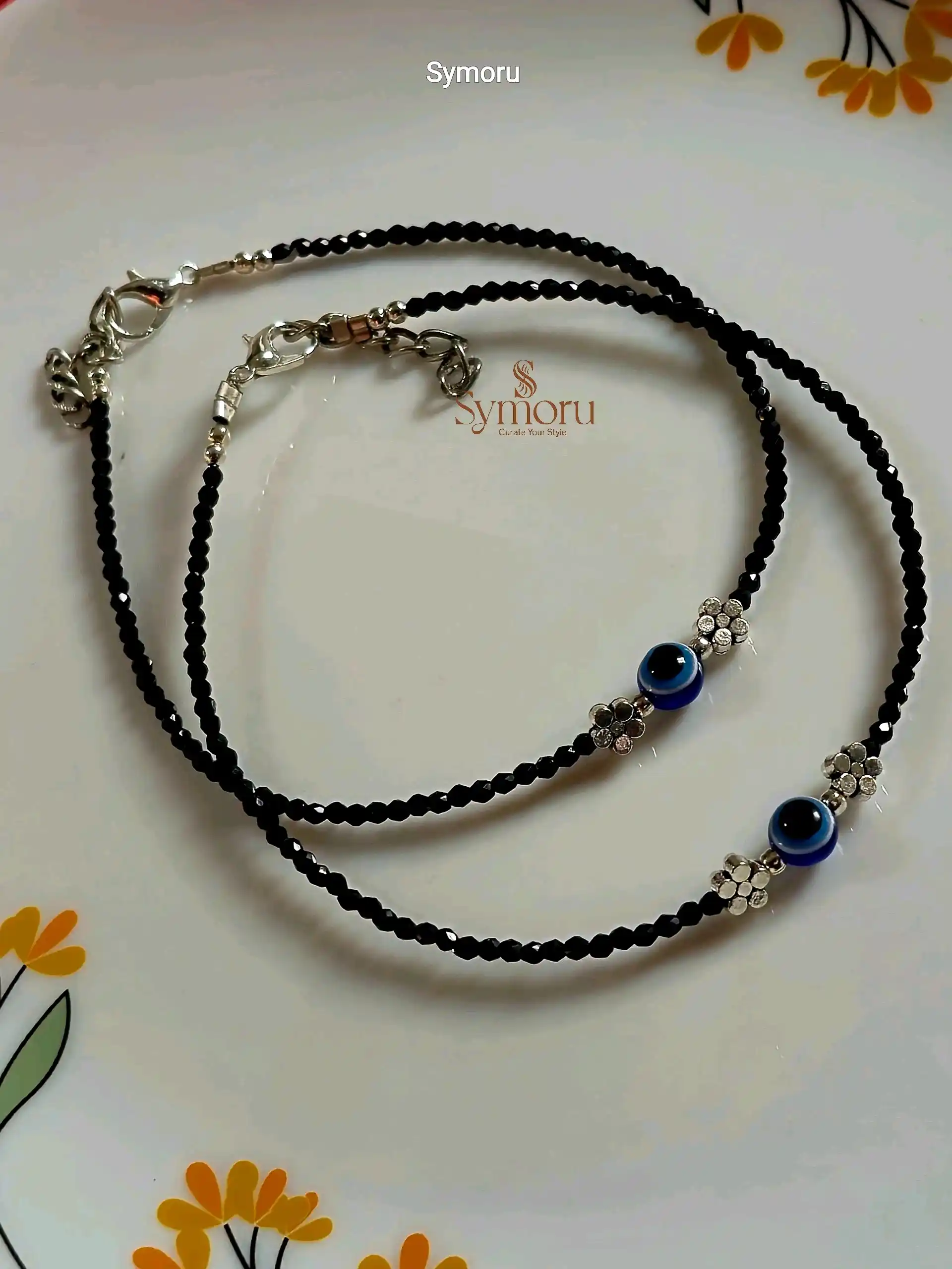 Oxidized Brass Black Beaded Evil Eye Vintage Flower Anklet