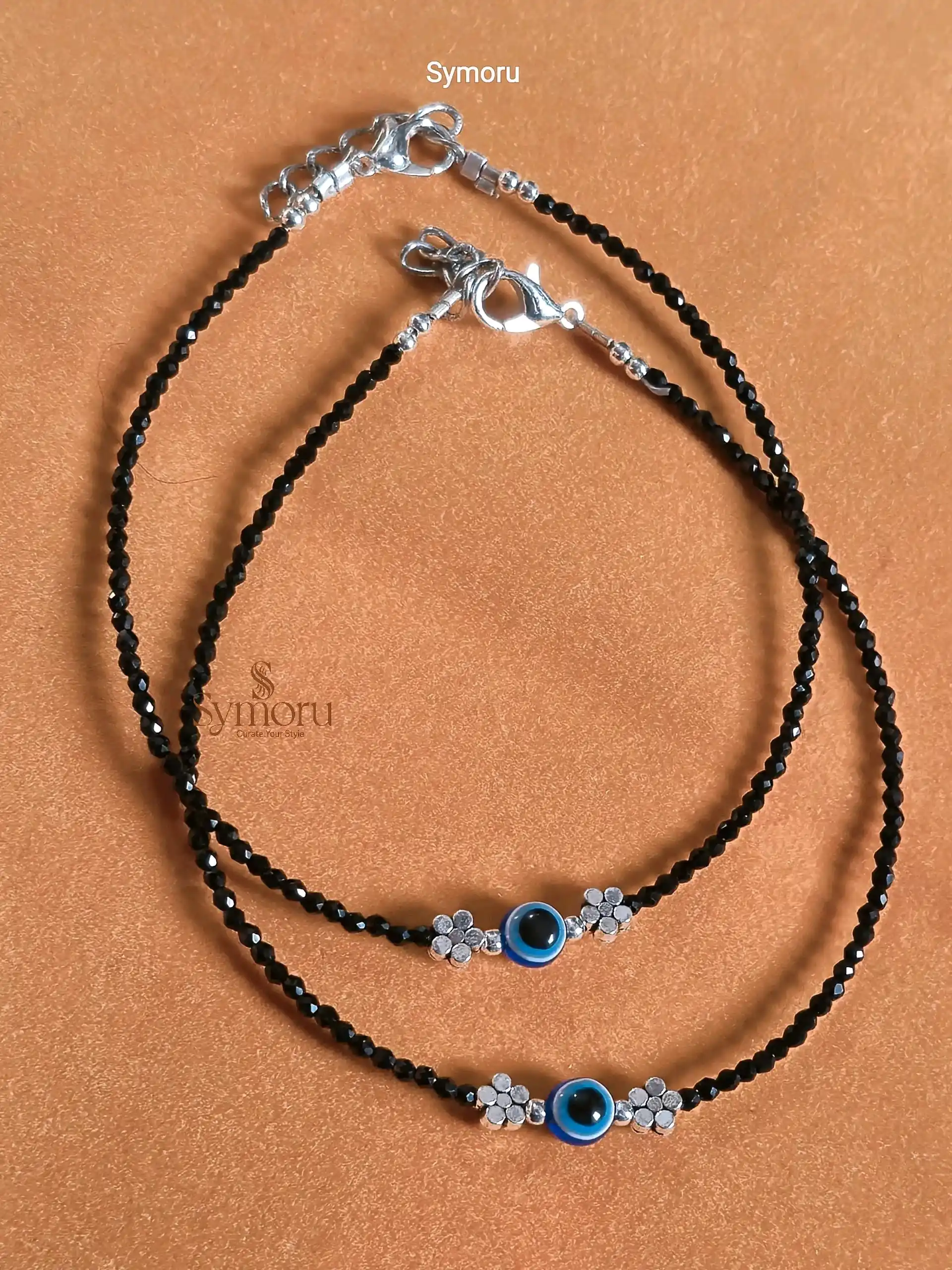 Oxidized Brass Black Beaded Evil Eye Vintage Flower Anklet | Adjustable Brass Anklet by Symoru