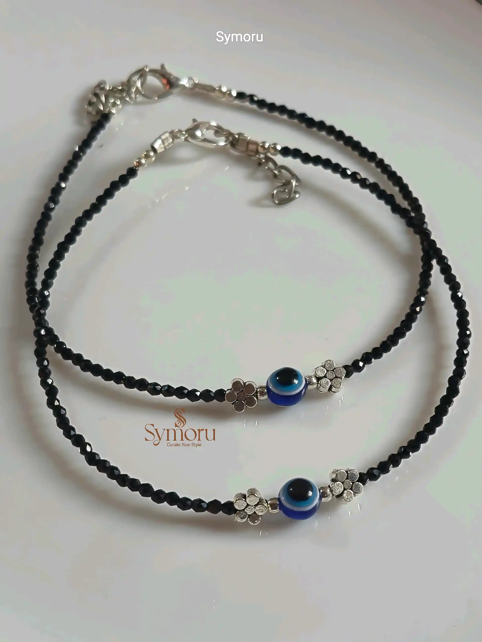 Oxidized Brass Black Beaded Evil Eye Vintage Flower Anklet | Adjustable Brass Anklet by Symoru - Image 4