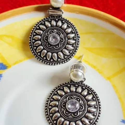 Oxidized Brass Disc Earrings with White Stone & Pearl Stud