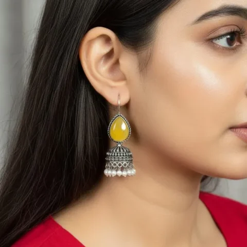 Oxidized Brass Yellow Stone Jhumka Earrings with Pearl Drops