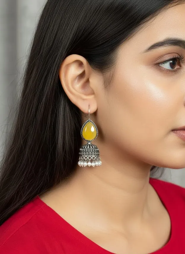 Oxidized Brass Yellow Stone Jhumka Earrings with Pearl Drops