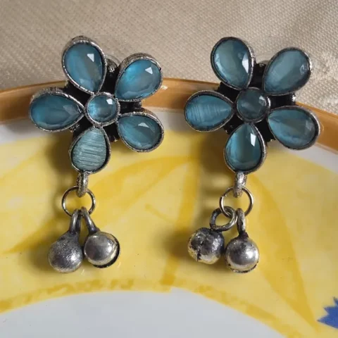 Oxidized Brass Sky Blue Flower Earrings with Ghungroo Drops