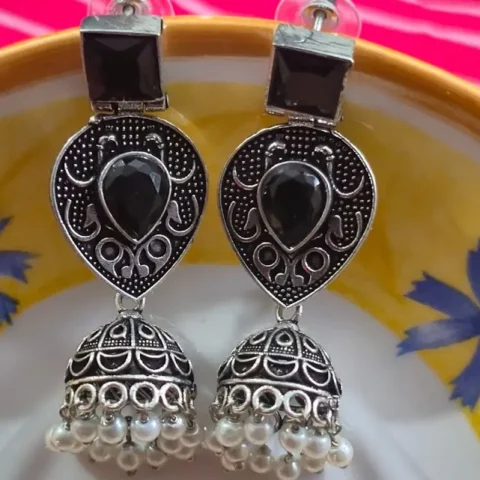 Oxidized Brass Black Stone Jhumka Earrings with Pearl Drops