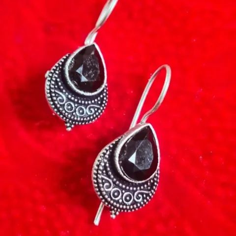 Oxidized Brass Teardrop Earrings with Black Stone