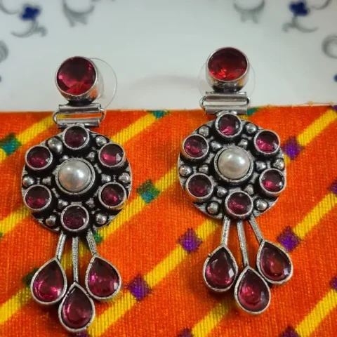 Vintage Silver Look Brass Earrings with Red Stone & Pearl Drop