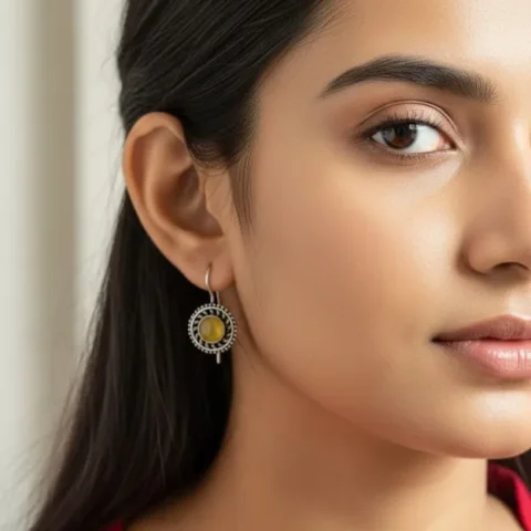 Oxidized Brass Beige Stone Round Earrings