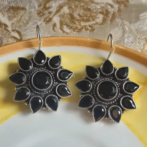 Black Stone Floral Brass Earrings