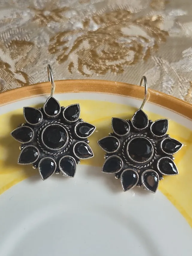 Black Stone Floral Brass Earrings