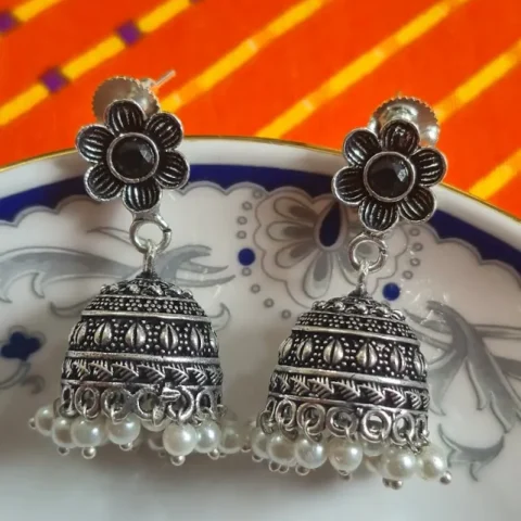 Oxidized Silver Look Brass Jhumka Earrings with Pearl Drops