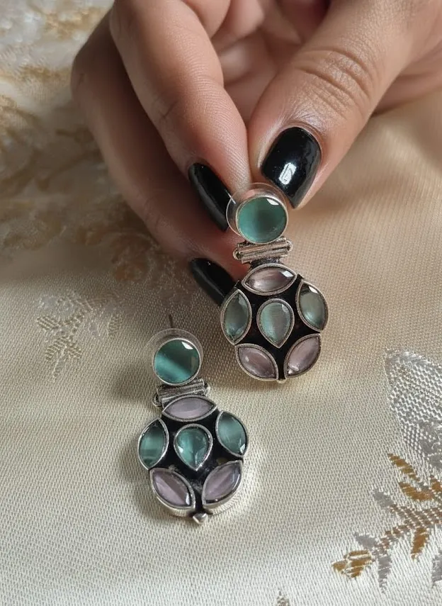 Oxidized Brass Green & Grey Stone Drop Earrings