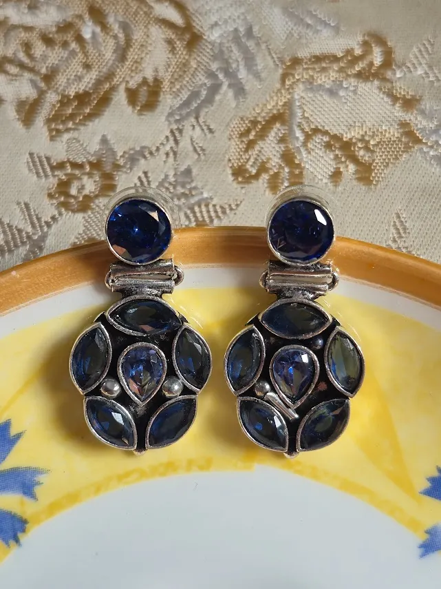 Oxidized Brass Blue Stone Drop Earrings | Handmade Blue Crystal Ethnic Earrings | Boho Tribal Statement Jewelry for Women - Image 5