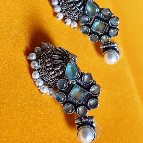 Oxidized Brass Teal Stone Jhumka Earrings with Pearl Drops
