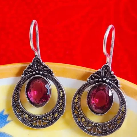 Oxidized Brass Ruby Pink Stone Filigree Drop Earrings