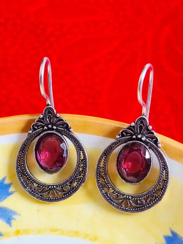 Oxidized Brass Ruby Pink Stone Filigree Drop Earrings