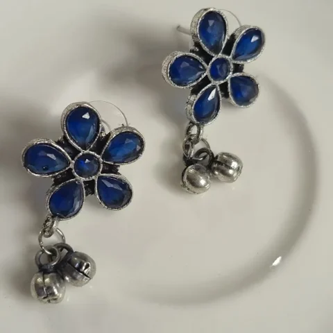 Oxidized Brass Blue Flower Earrings with Ghungroo Drops