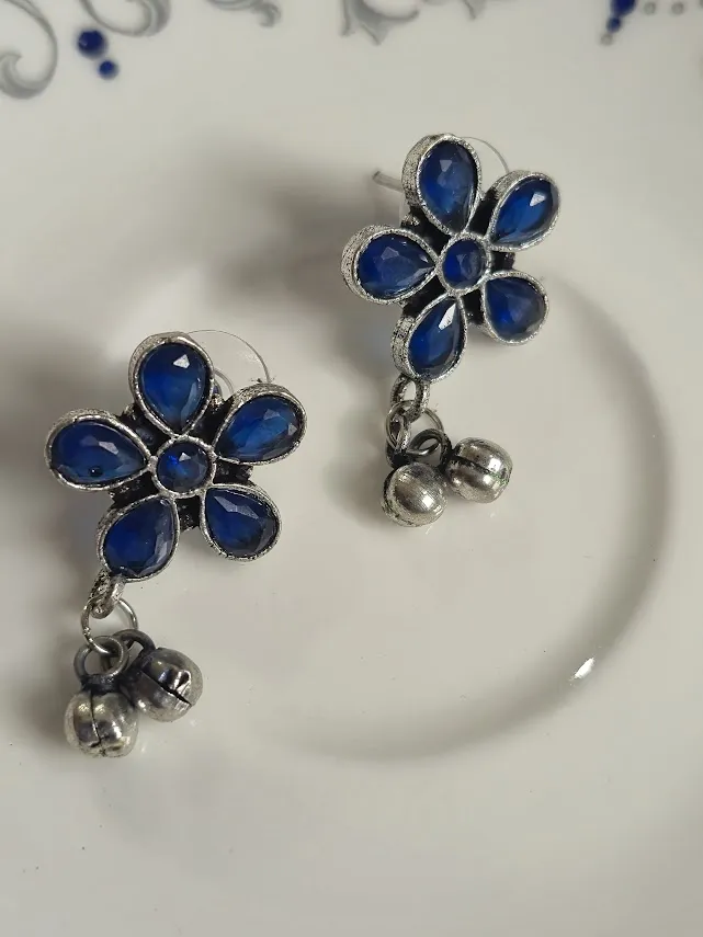 Oxidized Brass Blue Flower Earrings with Ghungroo Drops