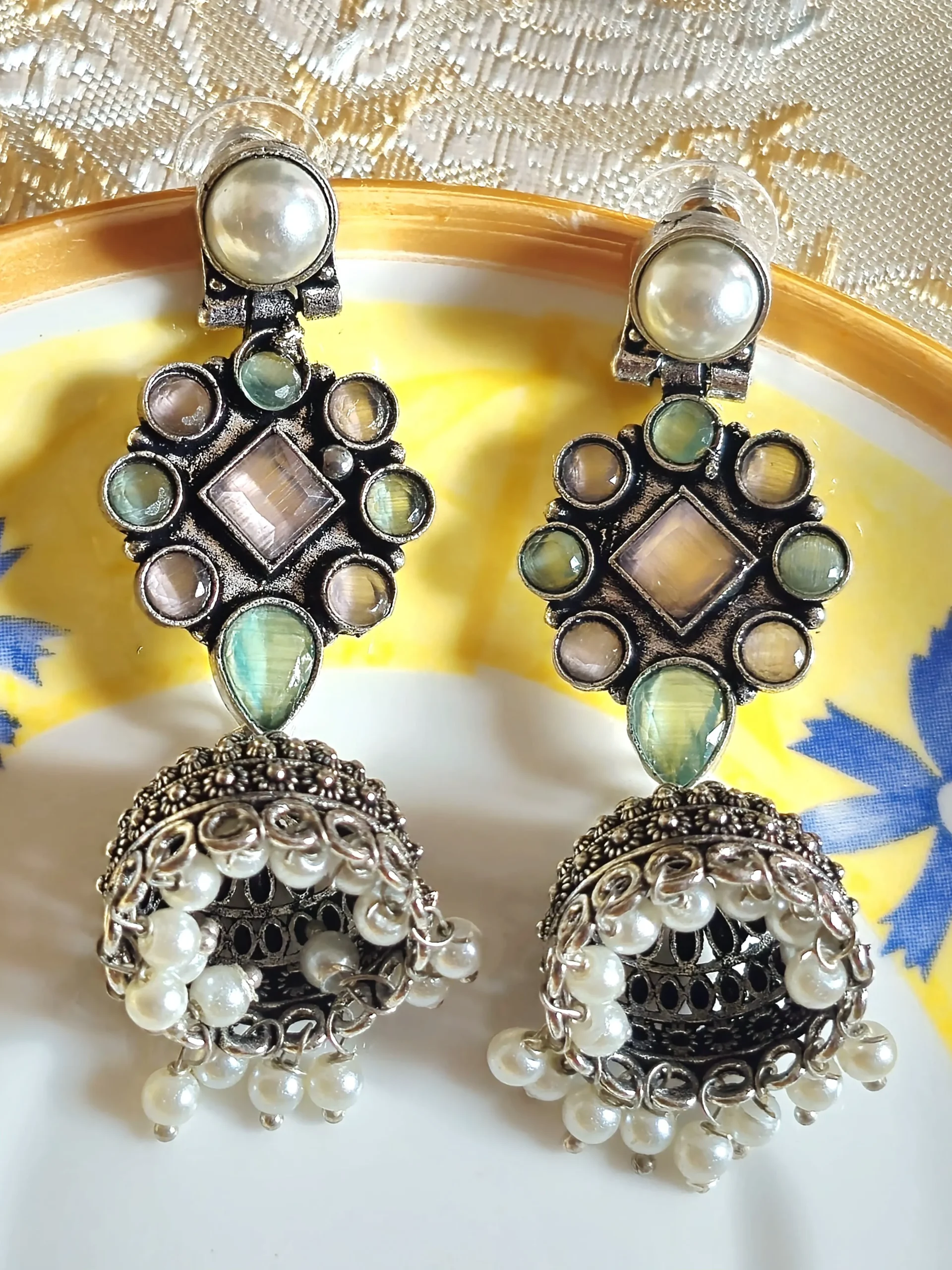 Oxidized Brass Multicolor Stone Jhumka Earrings with Pearl Drops | Traditional Indian Statement Earrings | Handmade Ethnic Jewelry for Women - Image 5