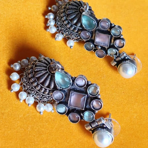 Oxidized Brass Multicolor Stone Jhumka Earrings with Pearl Drops