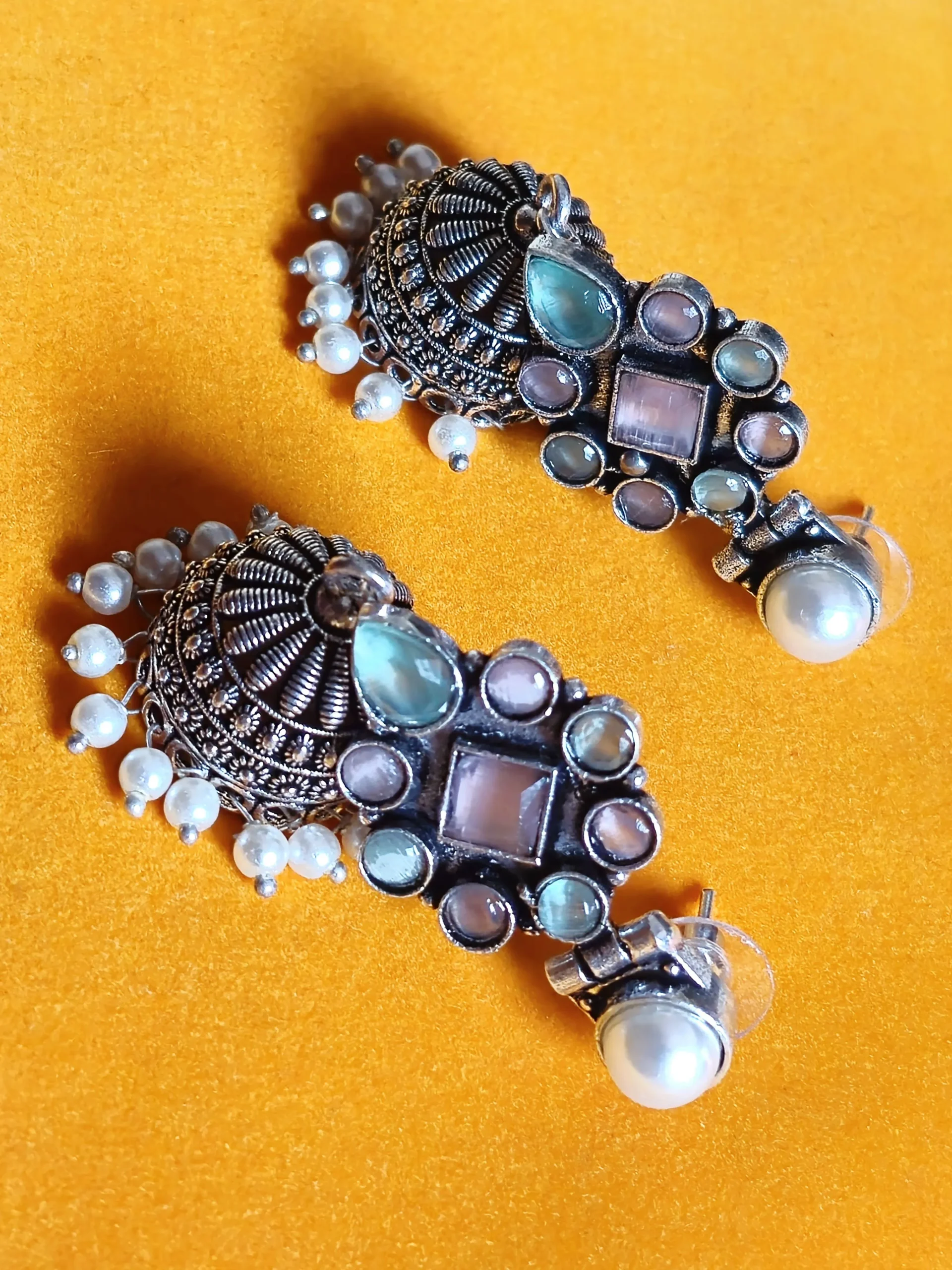 Oxidized Brass Multicolor Stone Jhumka Earrings with Pearl Drops