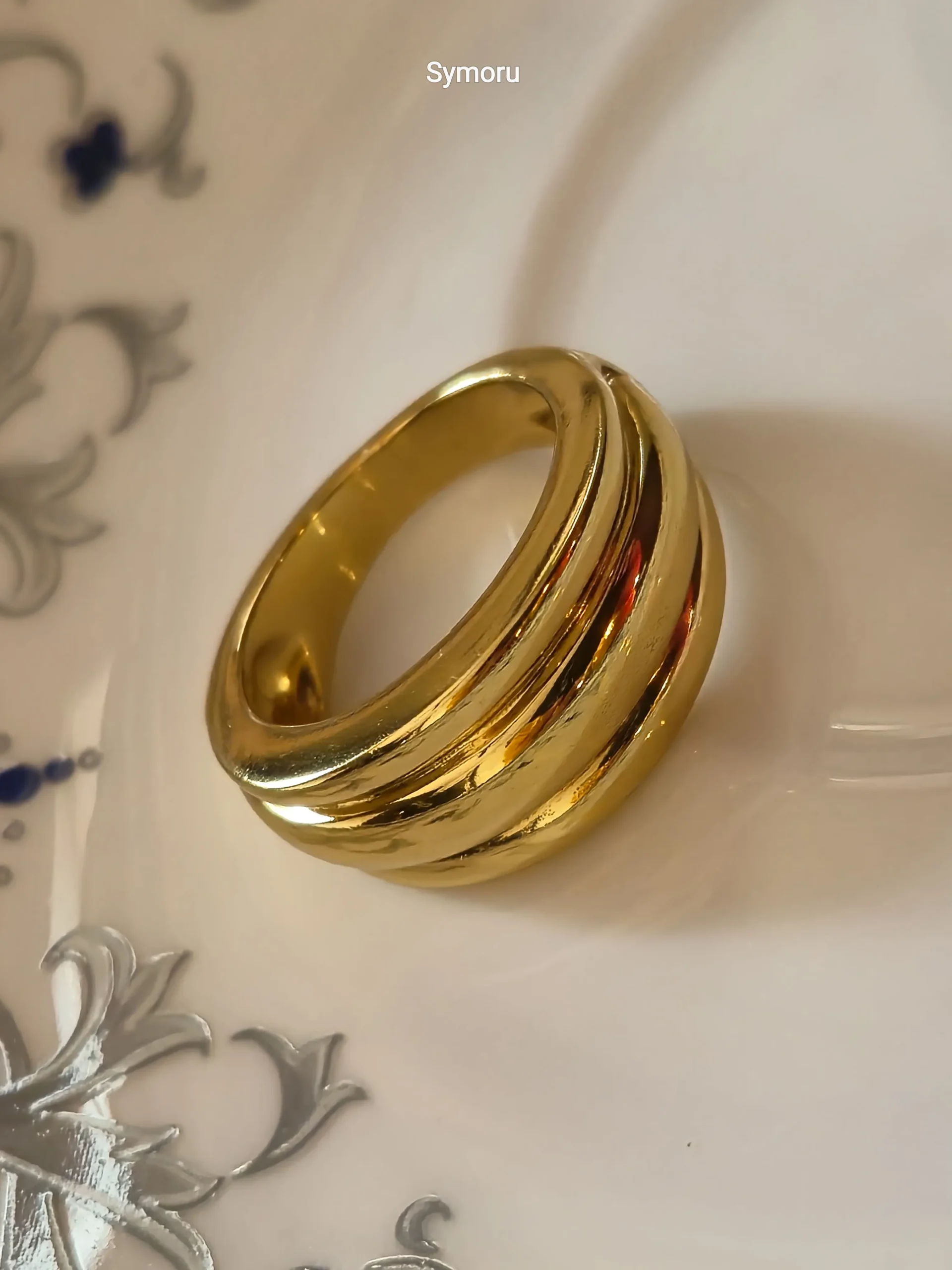 Triple Groove Gold Plated Brass Band Ring for Women | Minimal Layered Finish Statement Ring | Symoru - Image 3