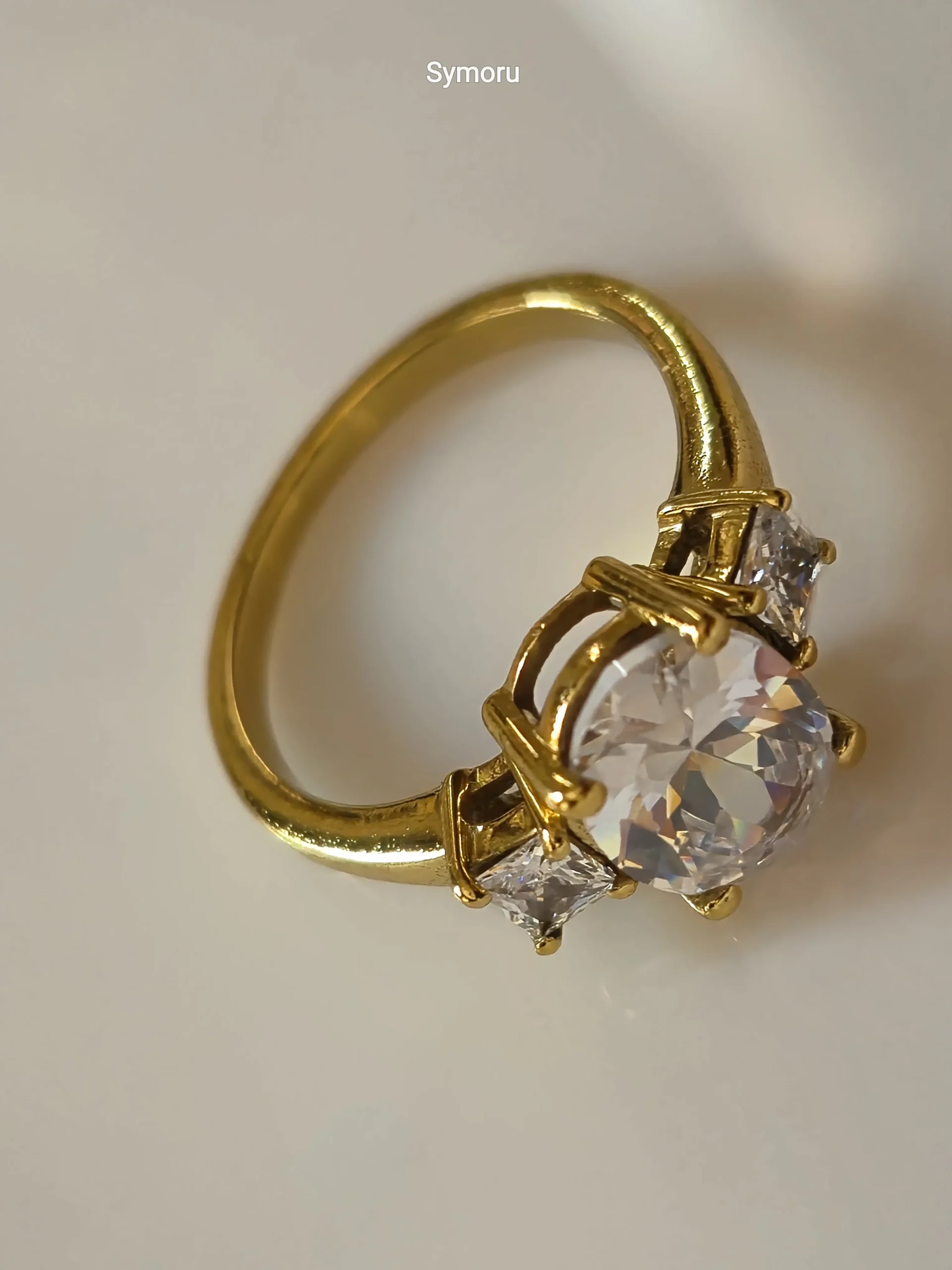 Three Stone CZ Gold Plated Brass Ring for Women | Classic Engagement & Party Wear Ring | Symoru - Image 4