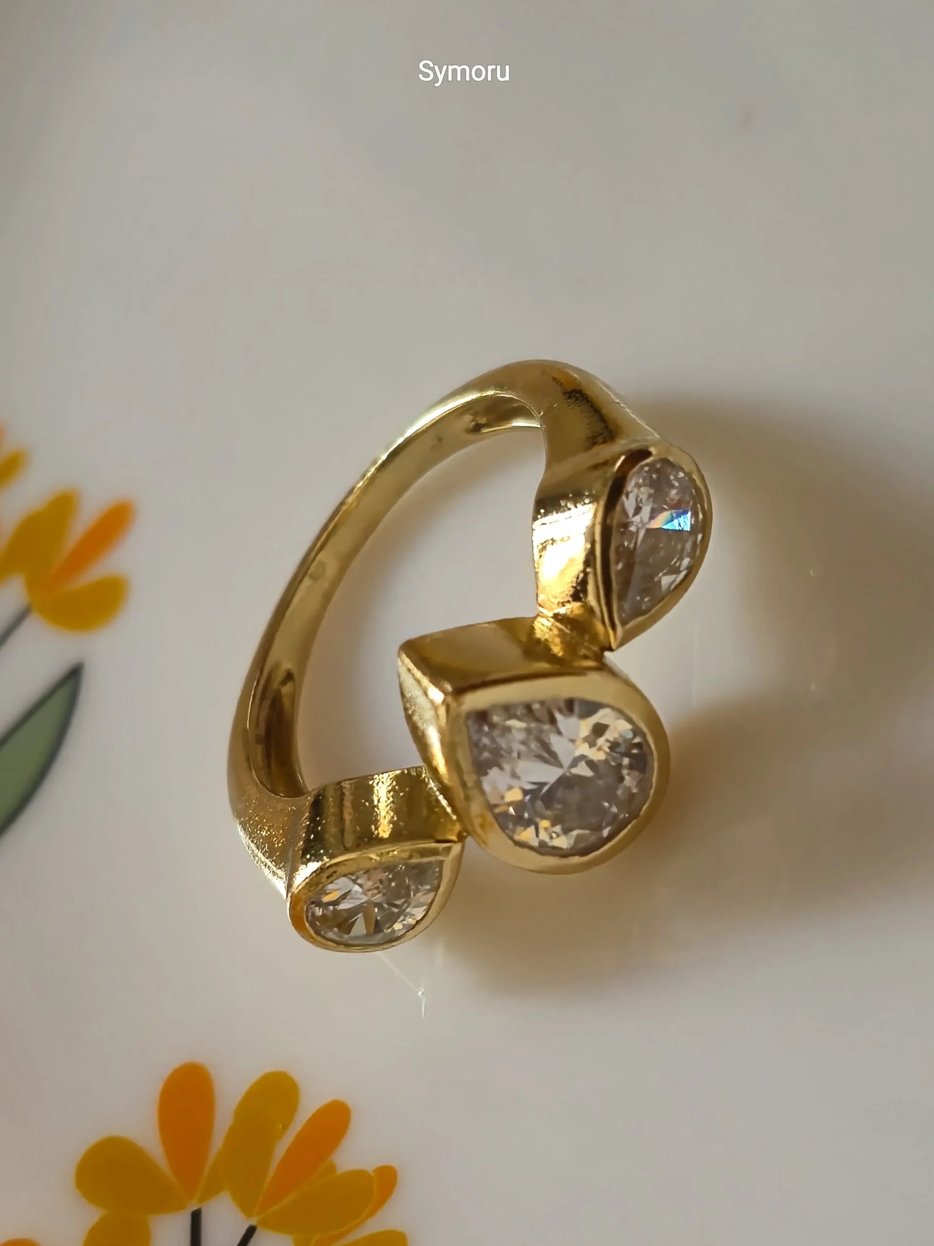 Triple Spark Open Band CZ Gold Plated Brass Ring | Modern Adjustable Designer Ring | Symoru - Image 4