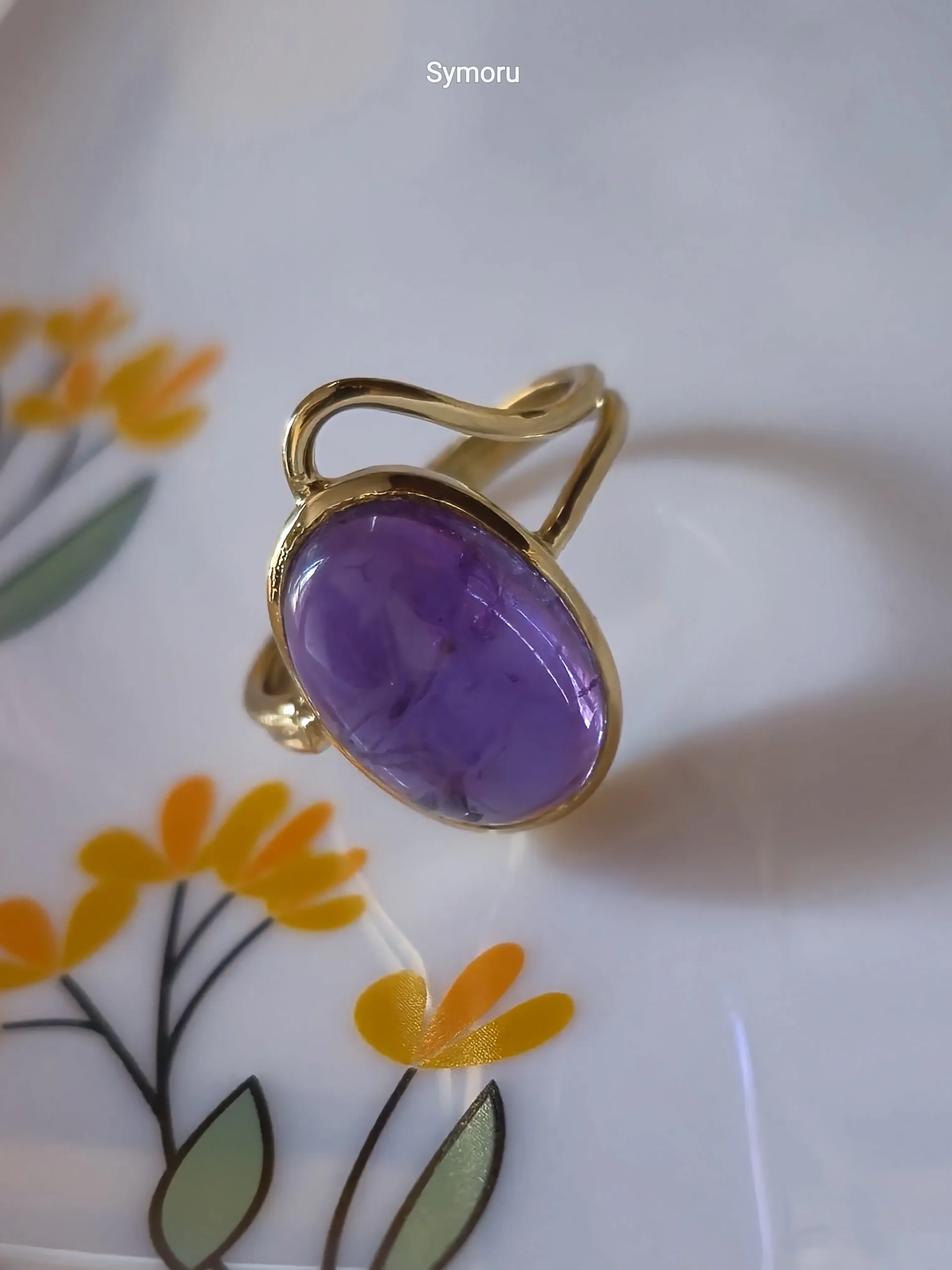 Royal Flow Purple Amethyst Oval Gold Plated Brass Ring | Open Shank Designer Statement Ring | Symoru - Image 4