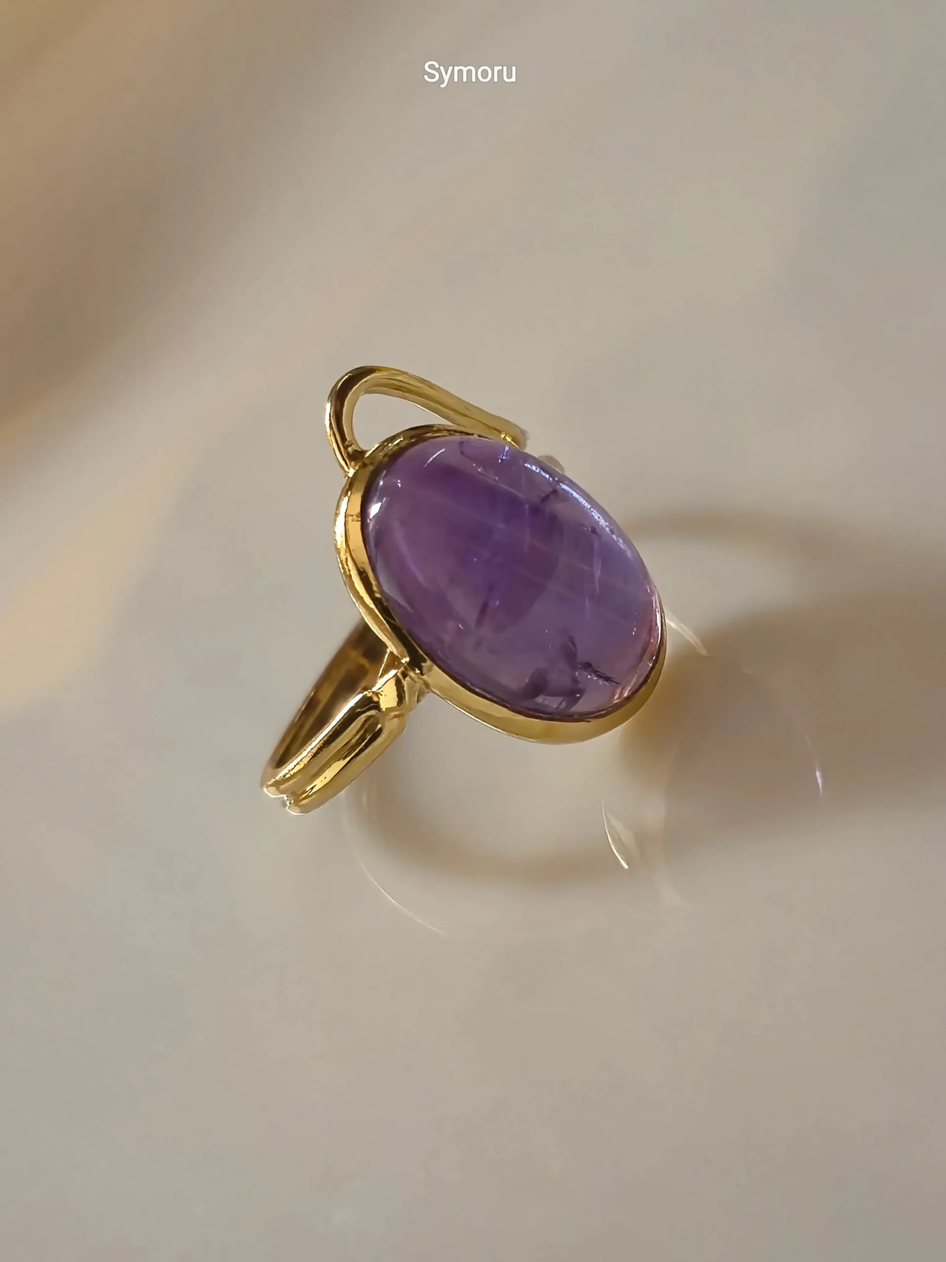 Royal Flow Purple Amethyst Oval Gold Plated Brass Ring | Open Shank Designer Statement Ring | Symoru - Image 6