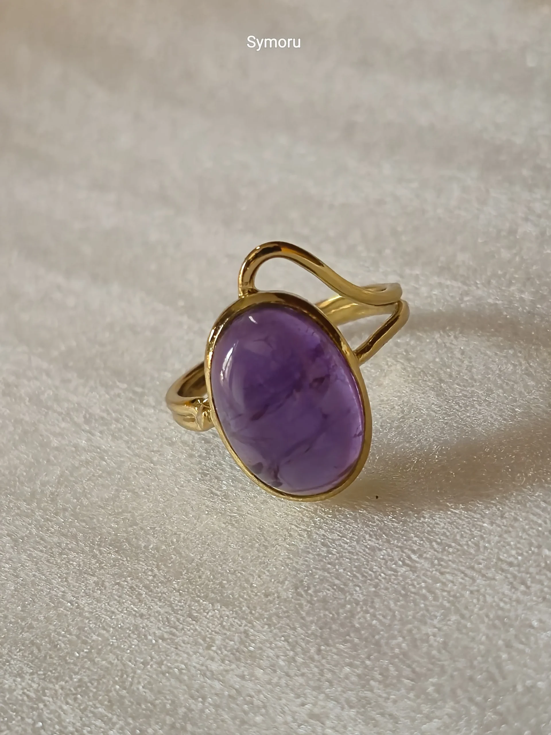Royal Flow Purple Amethyst Oval Gold Plated Brass Ring | Open Shank Designer Statement Ring | Symoru - Image 7