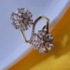 Dual Floral Cluster Cubic Zirconia Gold Adjustable Ring