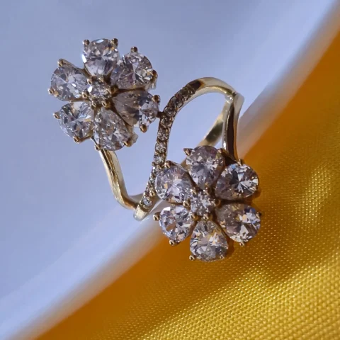 Dual Floral Cluster Cubic Zirconia Gold Adjustable Ring
