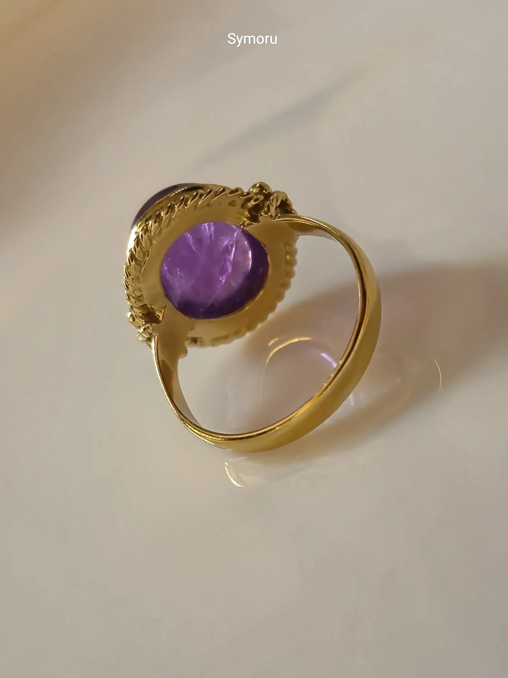 Royal Purple Amethyst Oval Gold Plated Brass Ring | Vintage Rope Bezel Statement Ring | Symoru - Image 4