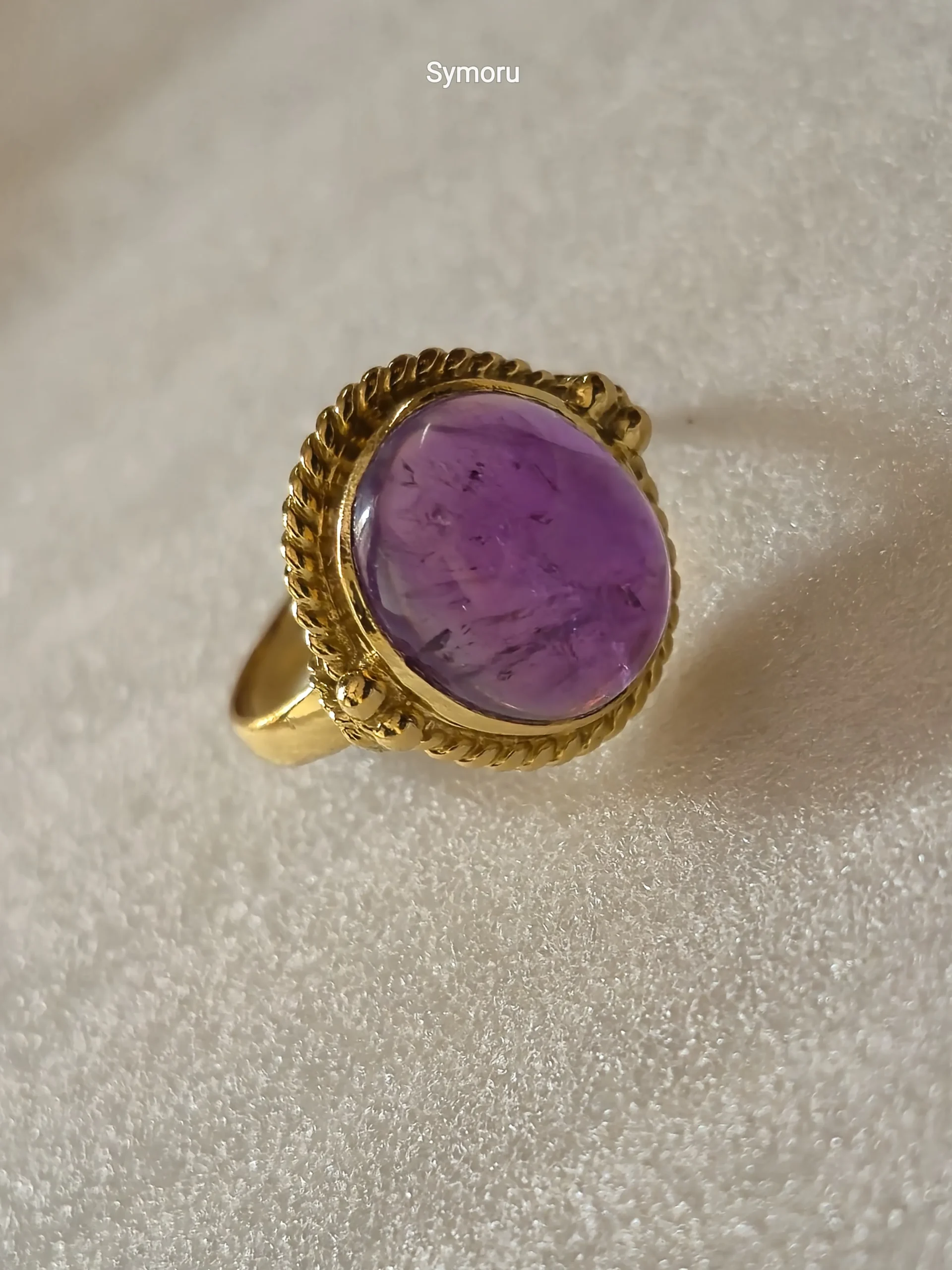Royal Purple Amethyst Oval Gold Plated Brass Ring | Vintage Rope Bezel Statement Ring | Symoru - Image 3