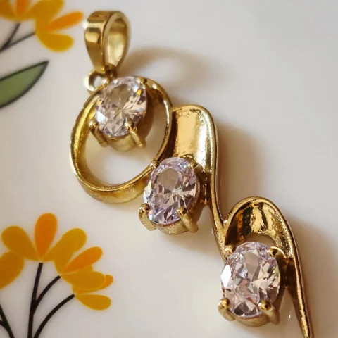 Gold Tone Brass Triple CZ Wave Pendant