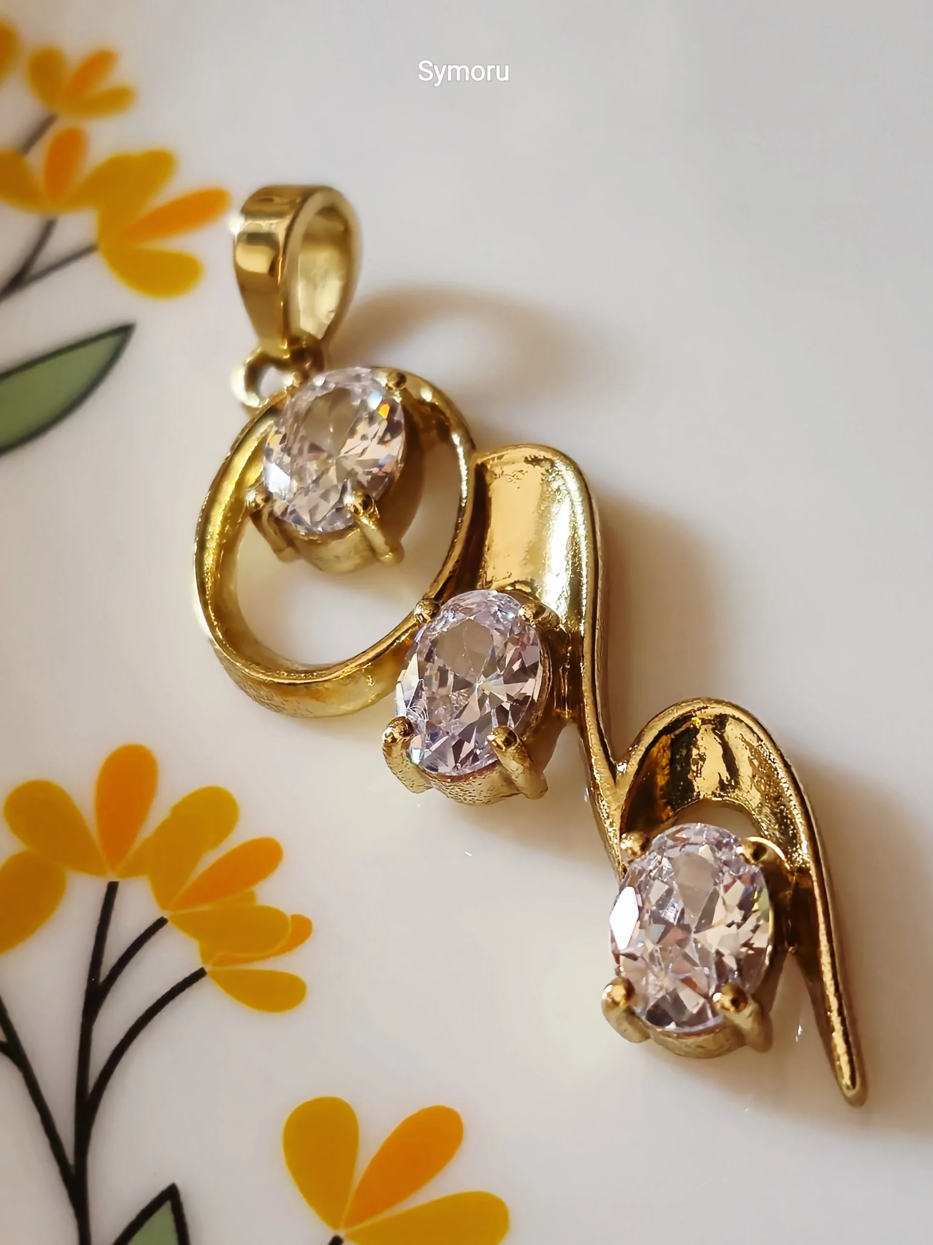 Gold Tone Brass Triple CZ Wave Pendant