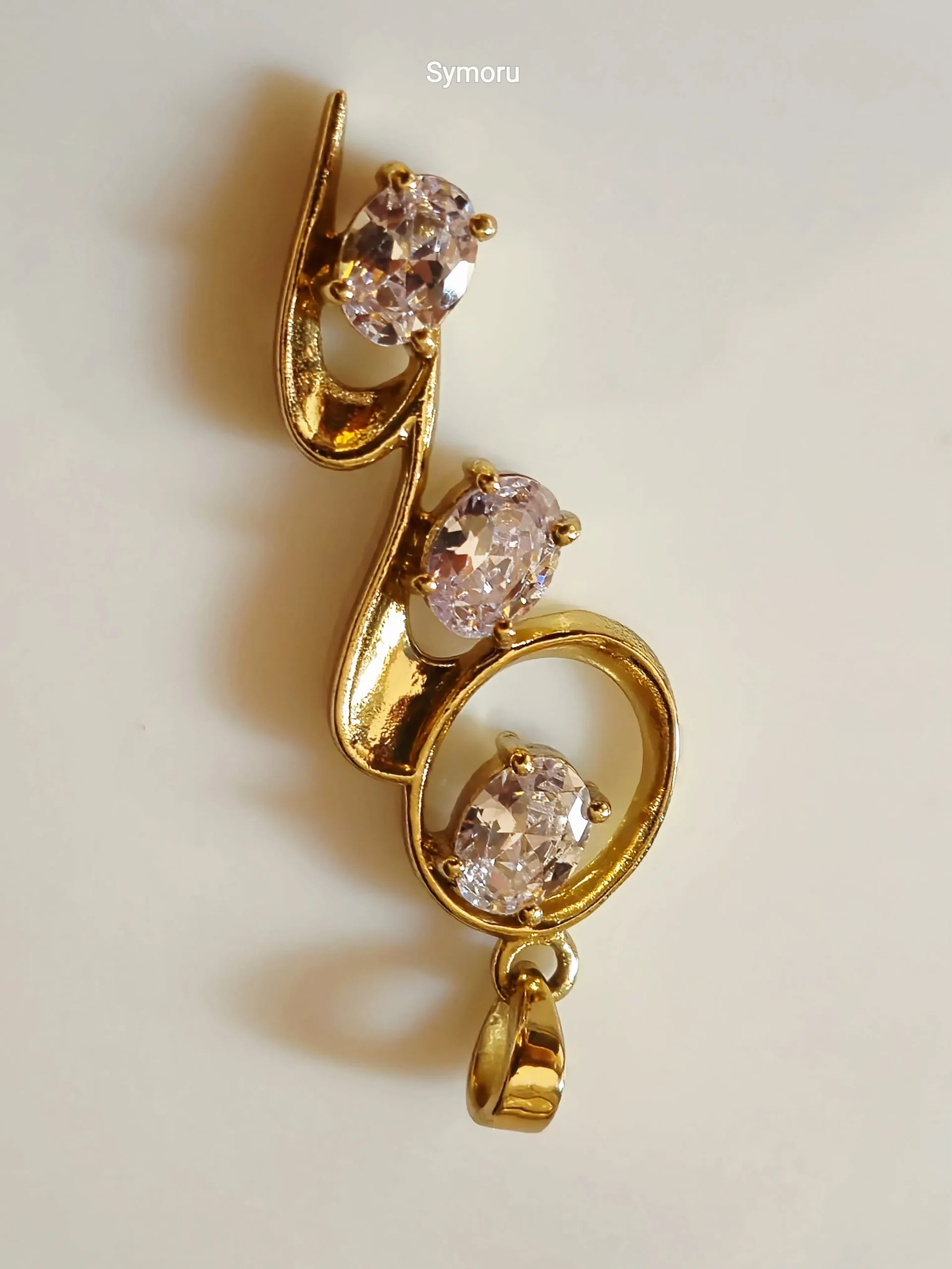 Gold Tone Brass Triple CZ Wave Pendant | Elegant Curved Diamond Look Drop Charm for Women | Designer Necklace by Symoru - Image 4