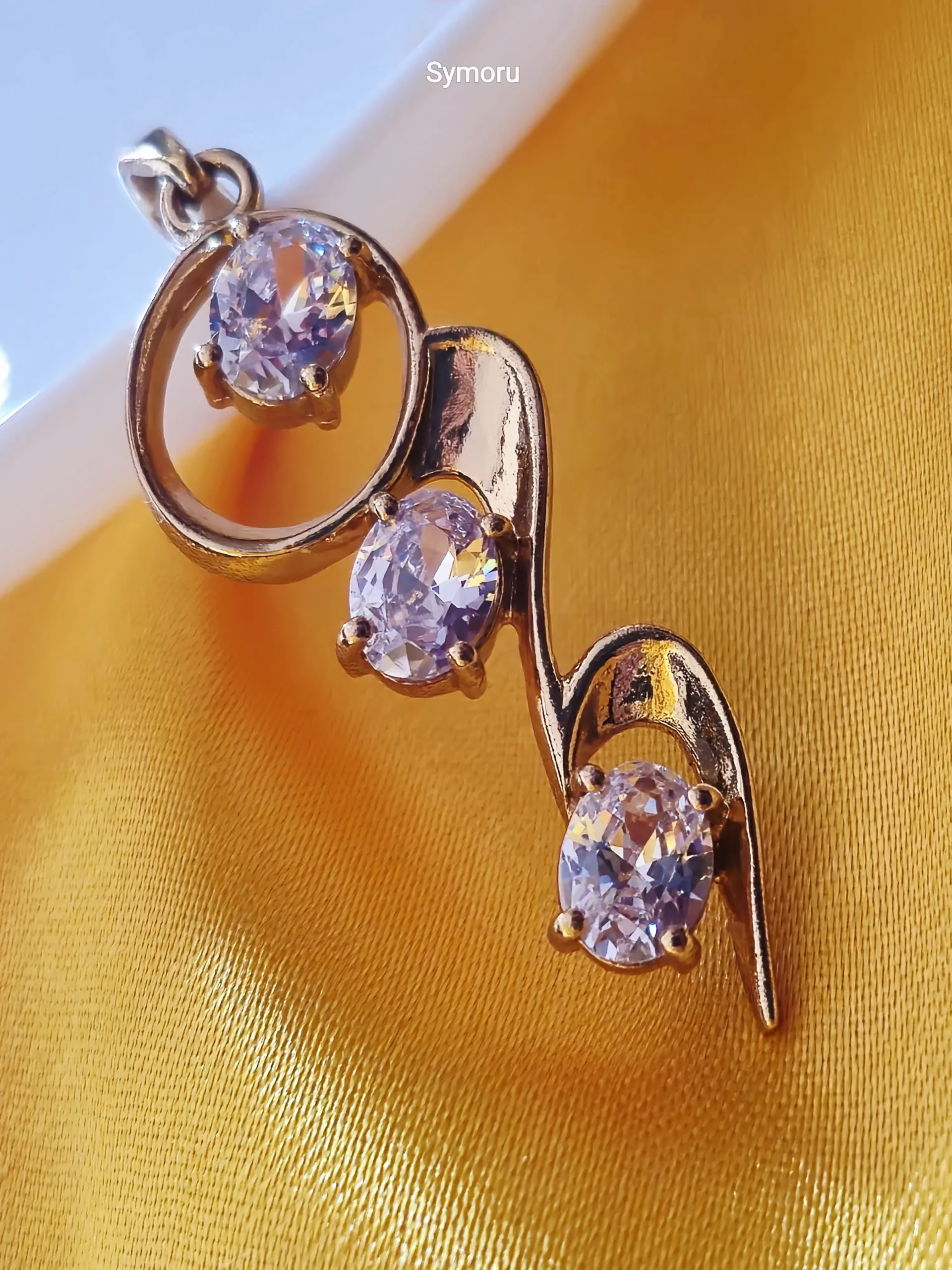 Gold Tone Brass Triple CZ Wave Pendant | Elegant Curved Diamond Look Drop Charm for Women | Designer Necklace by Symoru - Image 5