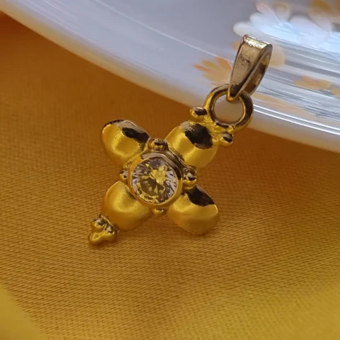 Gold Tone Brass Floral Cross CZ Pendant